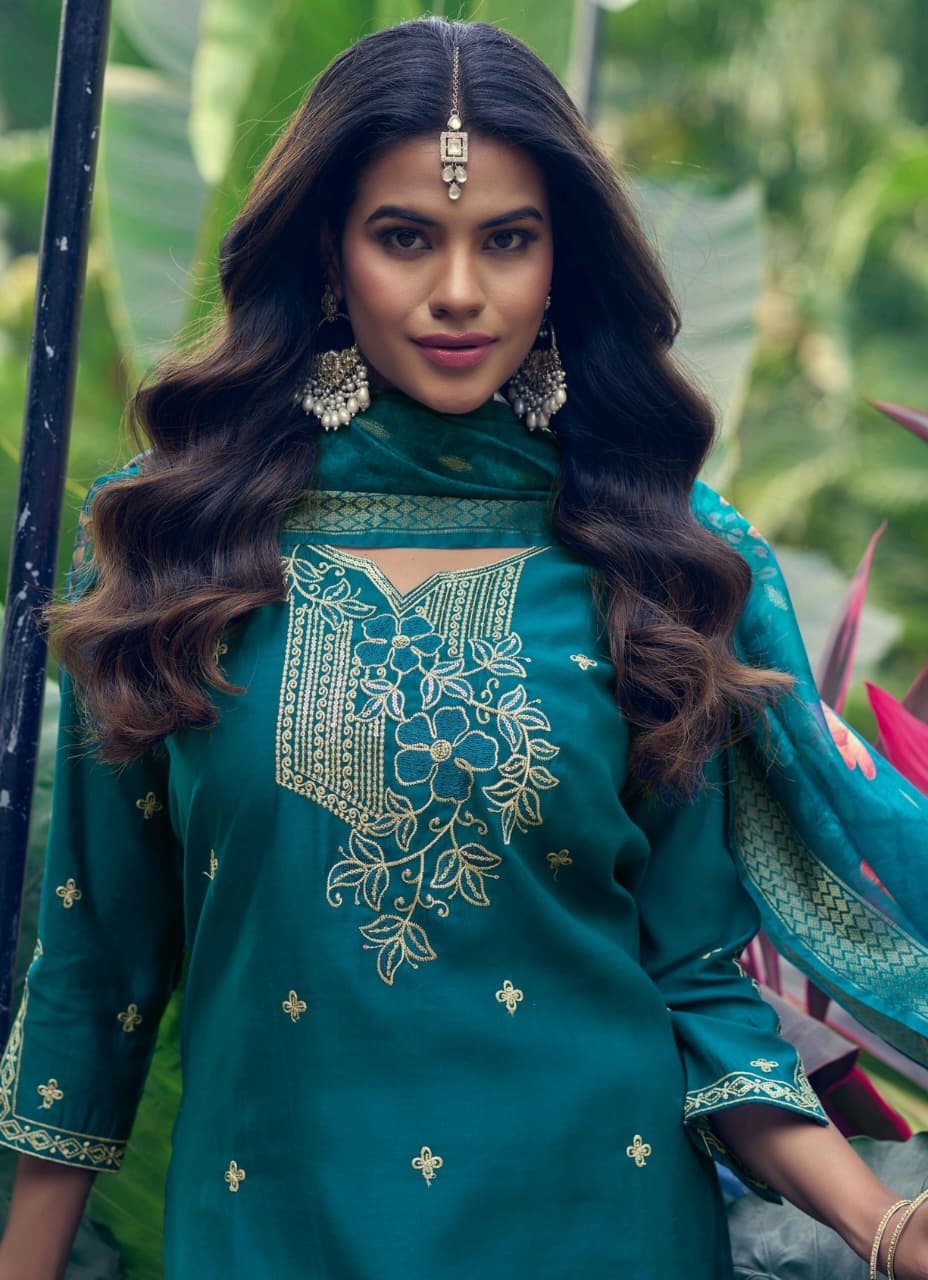 Girnar Dhvani Vol 01 Roman Silk Suit Set - Embroidered Kurti Pant Dupatta Set for Women