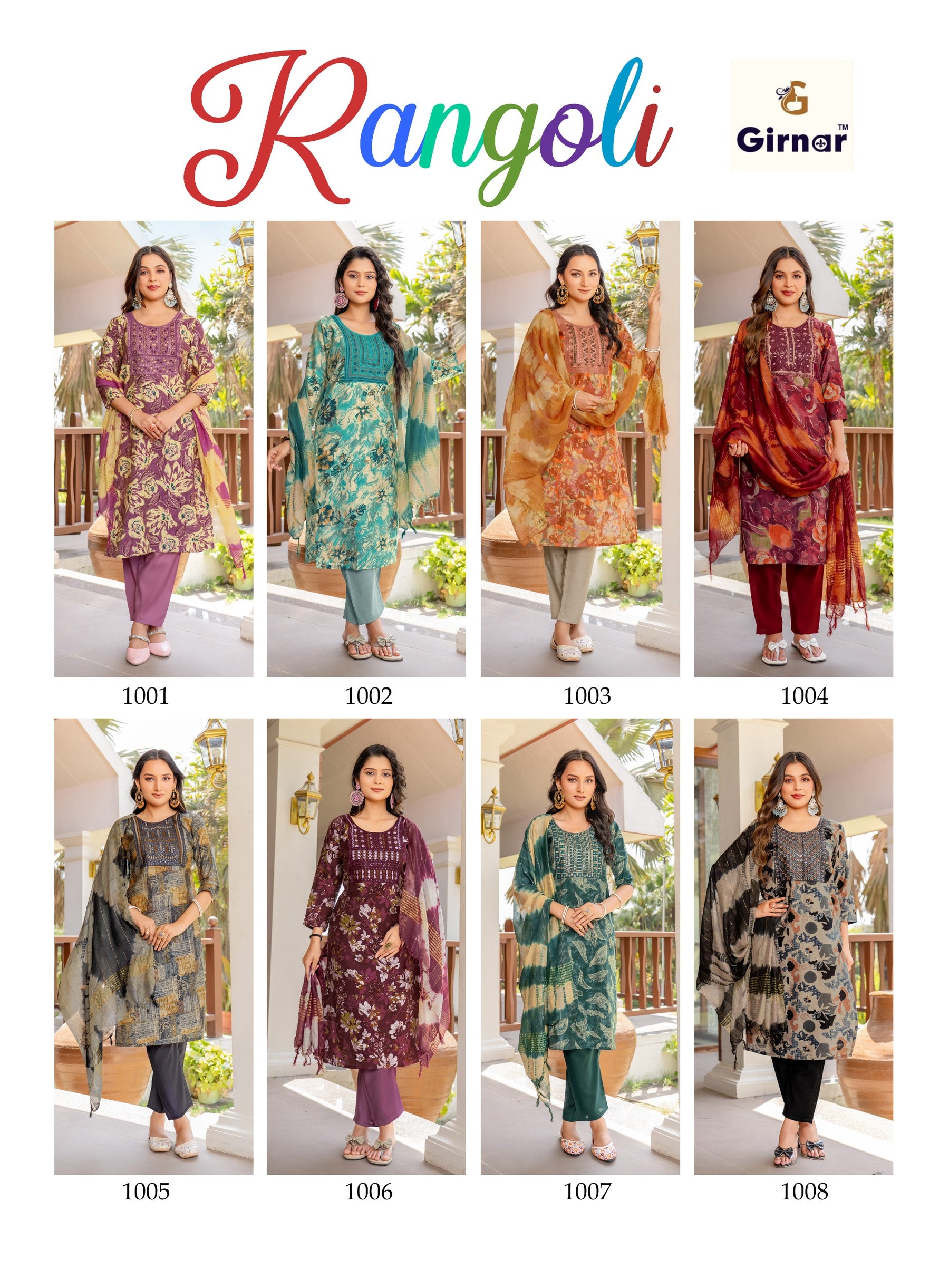 Girnar Rangoli Vol-1 Kurti Pant Dupatta Set - 3 PCS Catalog - 8 Designs - M.R. Saree Emporium