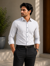 Premium Grey White Striped Formal Shirt - Bold Stripe Design - M.R. Saree Emporium