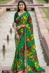 HARITALIKA Sawan Special Green Moss Georgette Saree with Designer Border - 8 Pcs Set