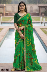 HARITALIKA Sawan Special Green Moss Georgette Saree with Designer Border - 8 Pcs Set