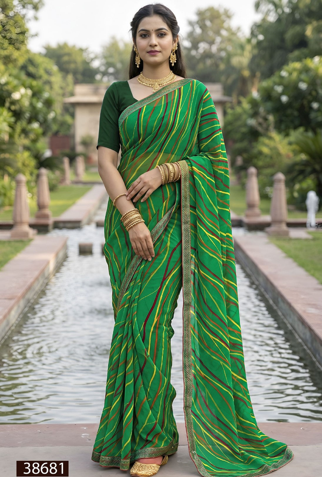 HARITALIKA Sawan Special Green Moss Georgette Saree with Designer Border - 8 Pcs Set