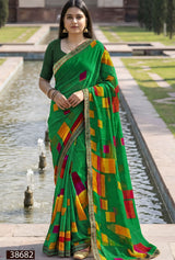 HARITALIKA Sawan Special Green Moss Georgette Saree with Designer Border - 8 Pcs Set