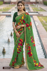 HARITALIKA Sawan Special Green Moss Georgette Saree with Designer Border - 8 Pcs Set