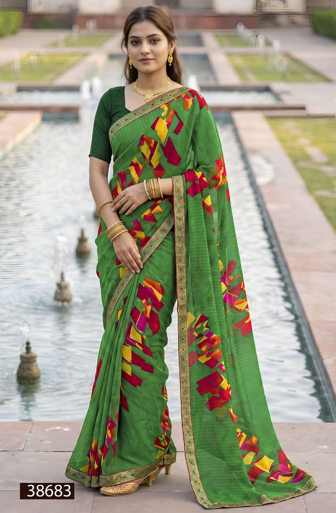 HARITALIKA Sawan Special Green Moss Georgette Saree with Designer Border - 8 Pcs Set