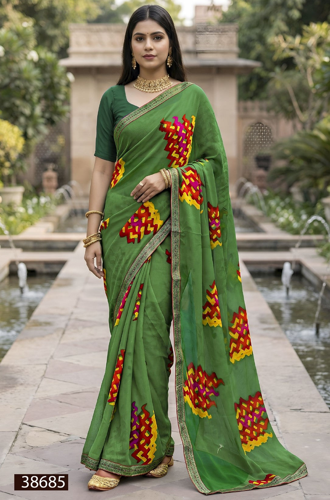 HARITALIKA Sawan Special Green Moss Georgette Saree with Designer Border - 8 Pcs Set
