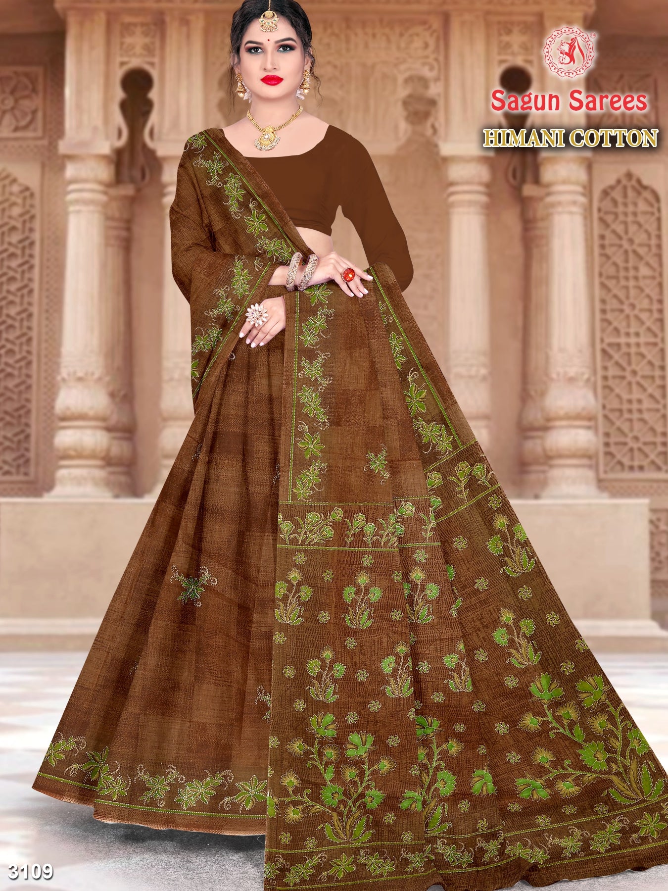 HIMANI COTTON Soft Cotton Printed Saree with Designer Pallu - 8 Pcs Set