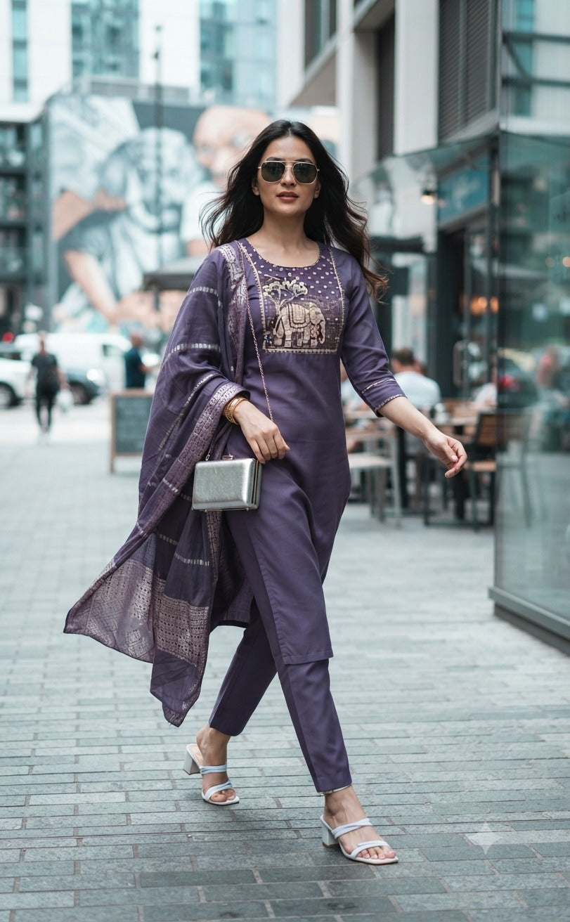 Jeevika Roman Fabric Kurti Pant Set with Silk Dupatta - 6 PCS Set