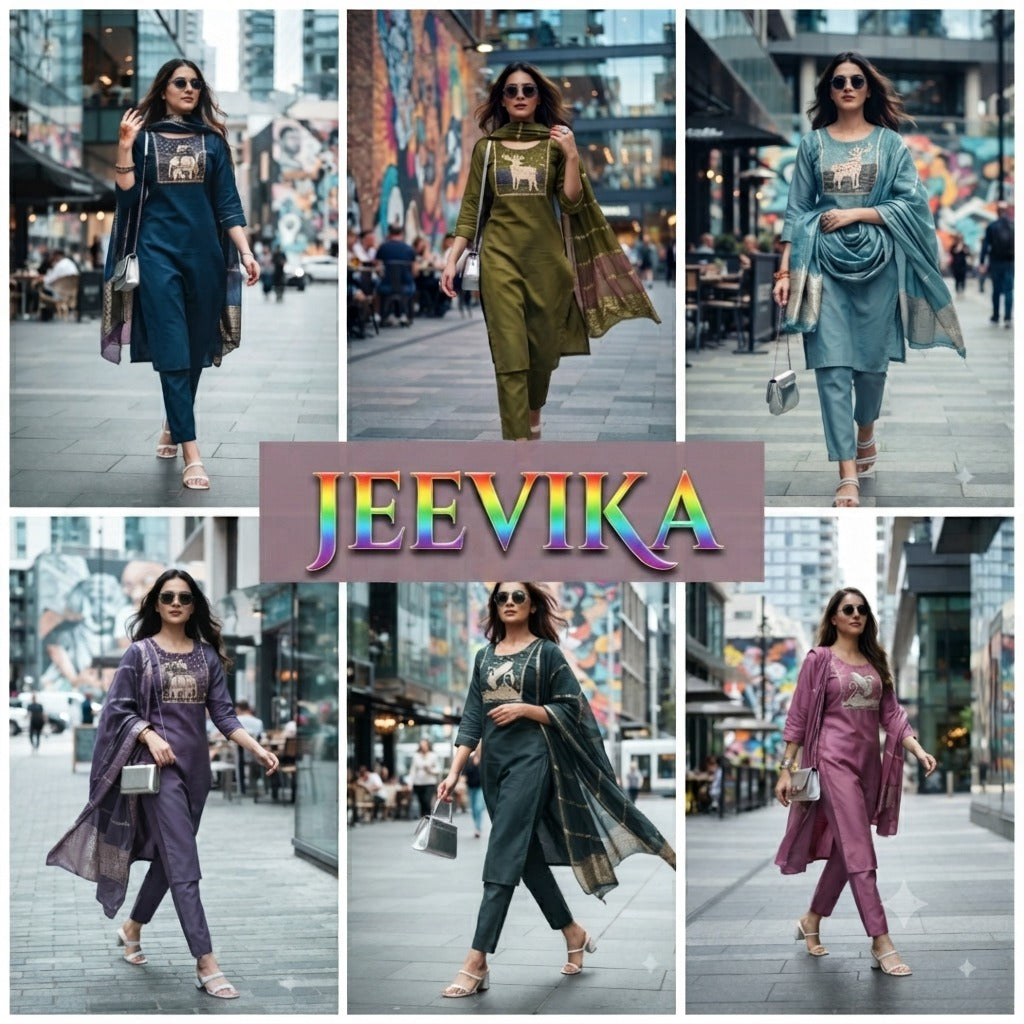 Jeevika Roman Fabric Kurti Pant Set with Silk Dupatta - 6 PCS Set