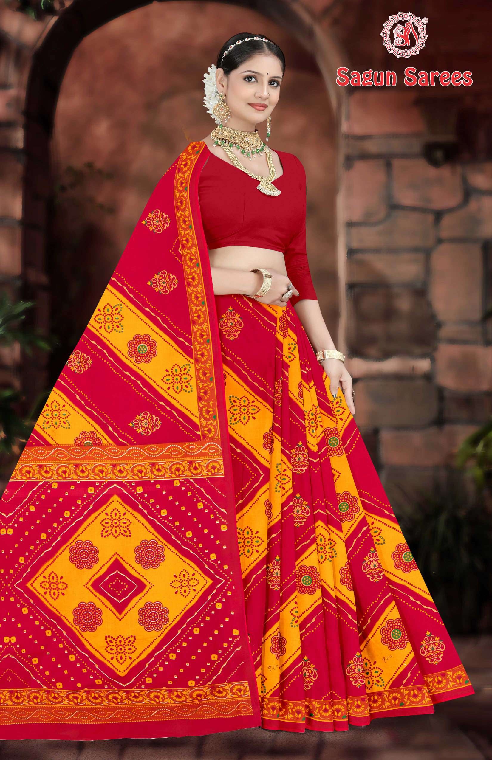 KASHISH CHUNDRI Cotton Bandhani Printed Saree with Designer Border - 10 Pcs Set