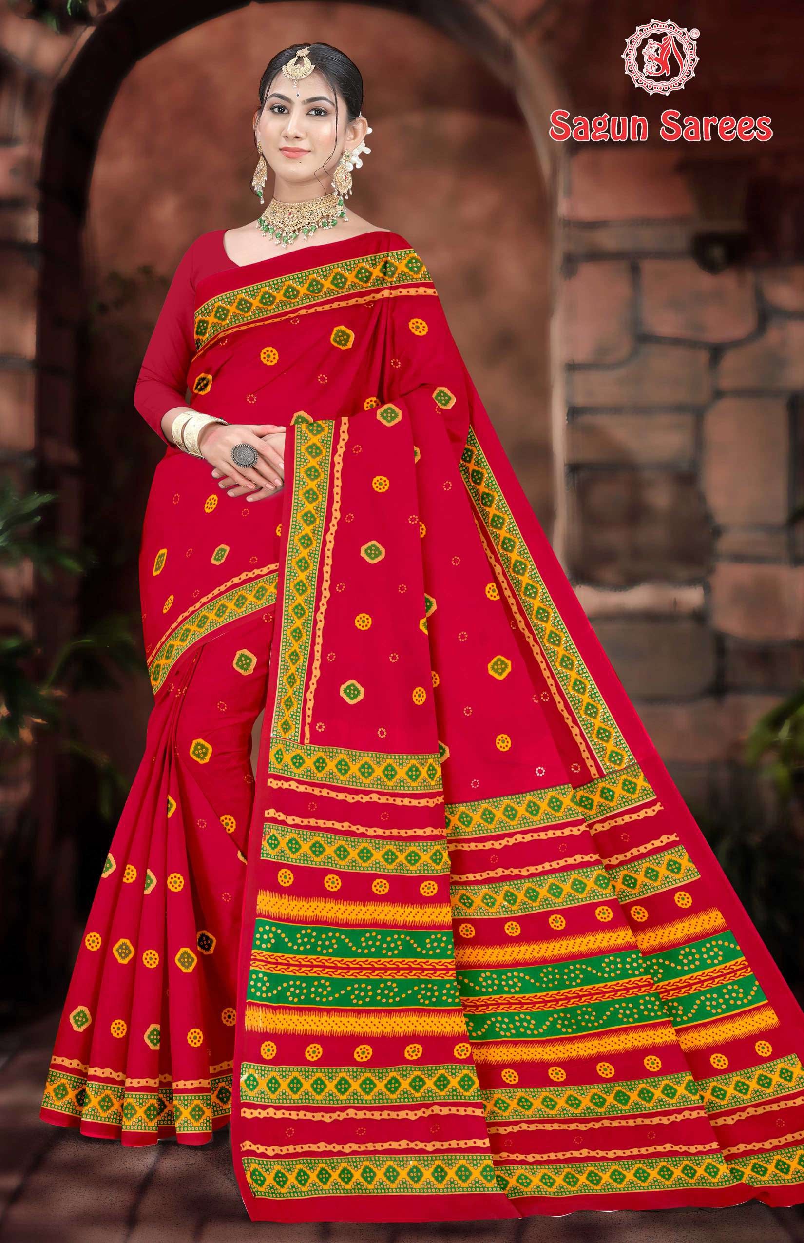 KASHISH CHUNDRI Cotton Bandhani Printed Saree with Designer Border - 10 Pcs Set