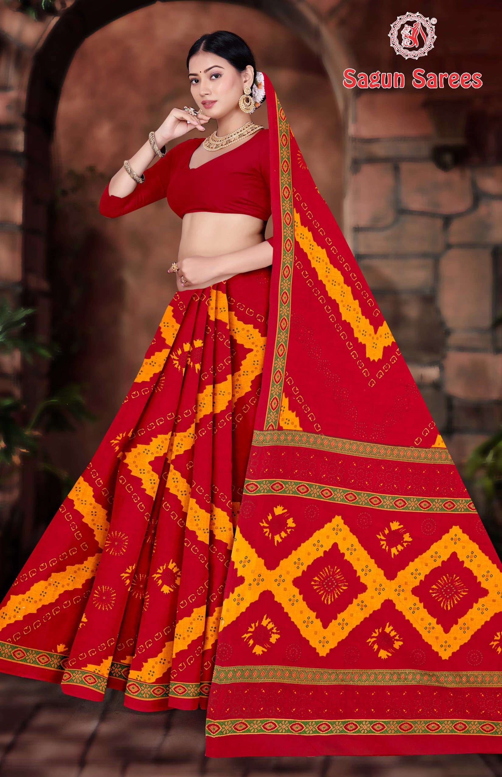 KASHISH CHUNDRI Cotton Bandhani Printed Saree with Designer Border - 10 Pcs Set
