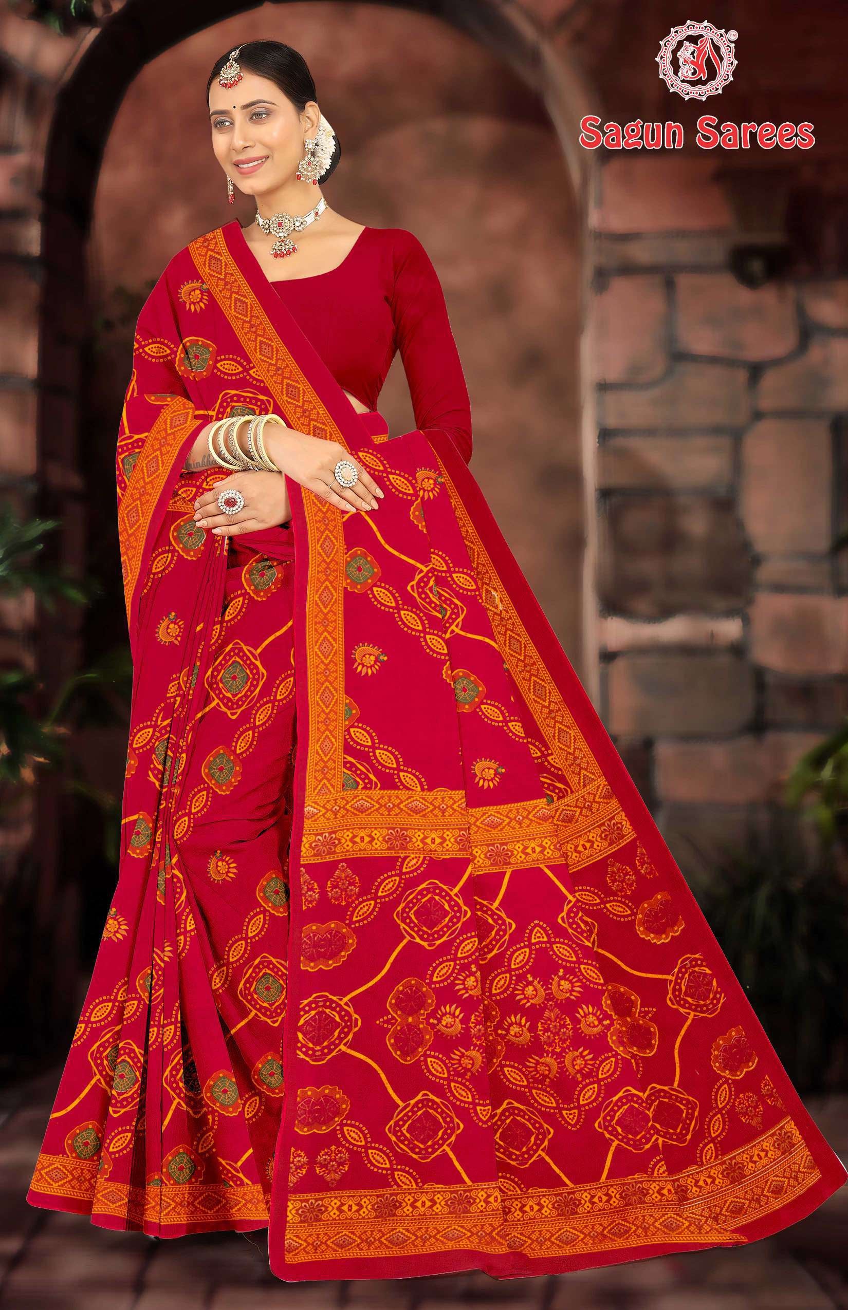 KASHISH CHUNDRI Cotton Bandhani Printed Saree with Designer Border - 10 Pcs Set