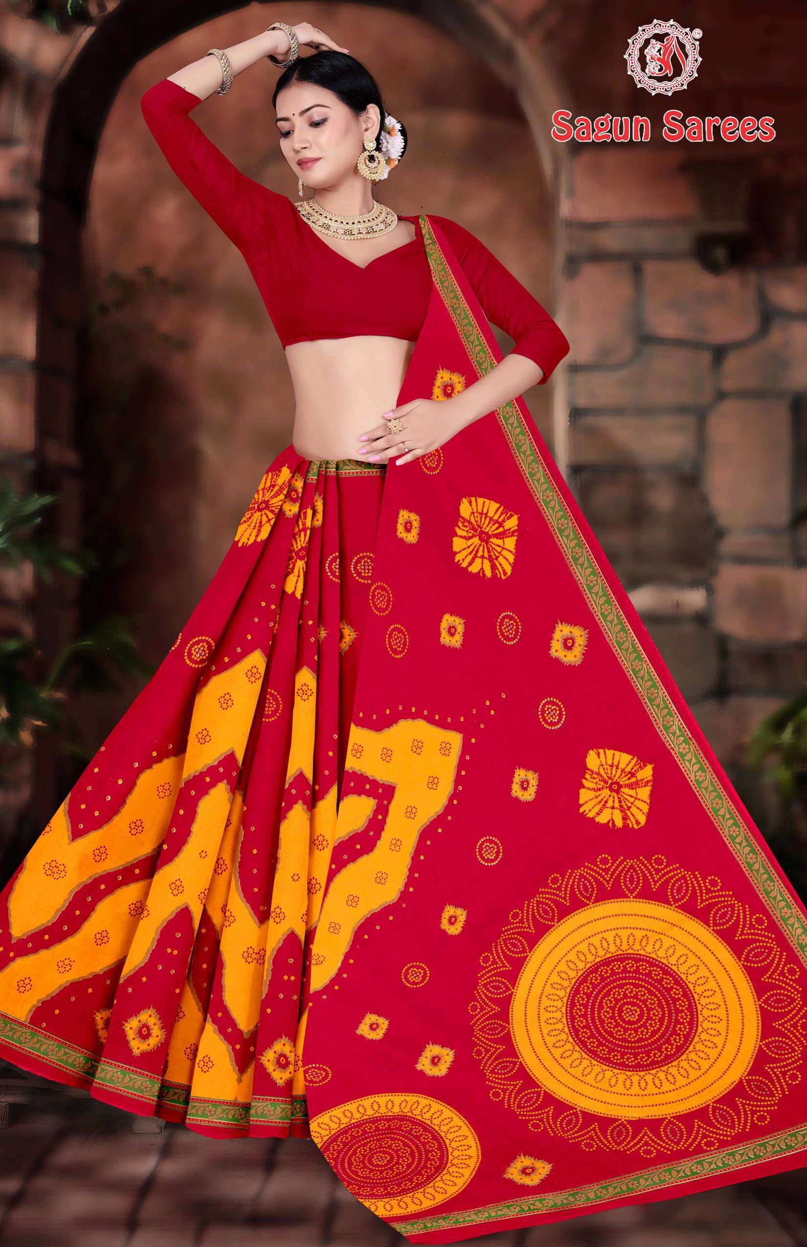 KASHISH CHUNDRI Cotton Bandhani Printed Saree with Designer Border - 10 Pcs Set