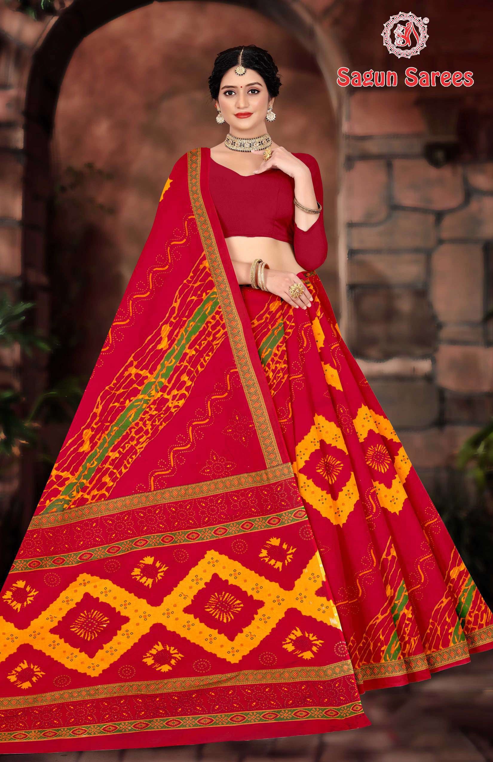 KASHISH CHUNDRI Cotton Bandhani Printed Saree with Designer Border - 10 Pcs Set