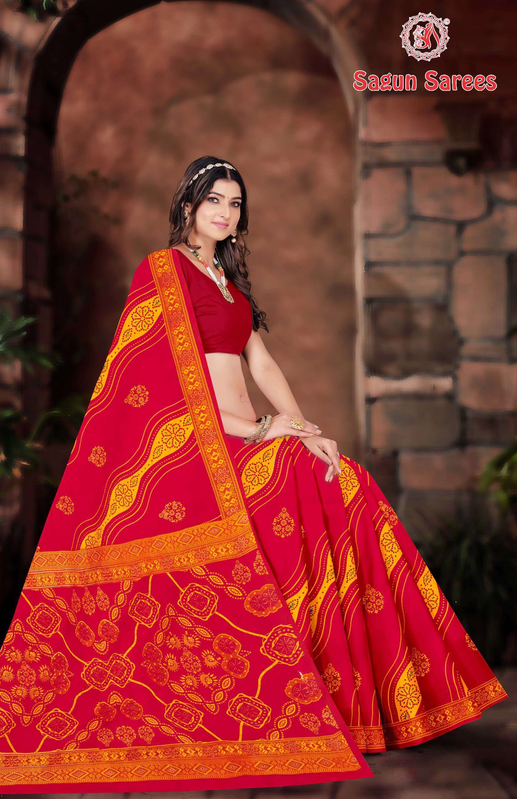 KASHISH CHUNDRI Cotton Bandhani Printed Saree with Designer Border - 10 Pcs Set