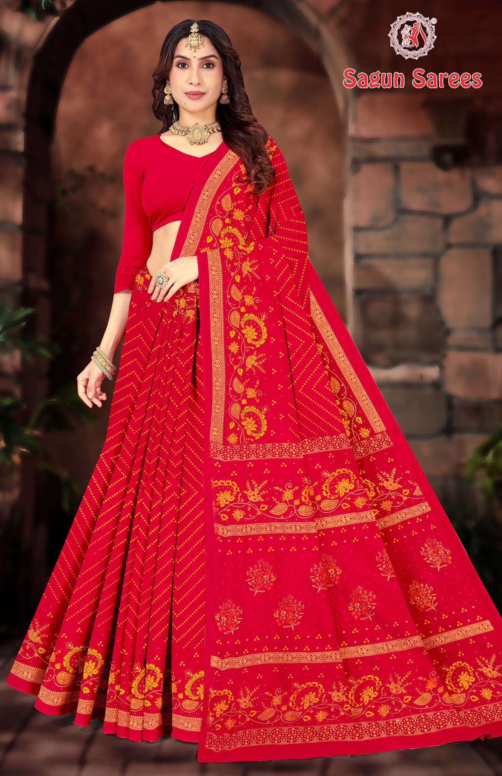 KASHISH CHUNDRI Cotton Bandhani Printed Saree with Designer Border - 10 Pcs Set
