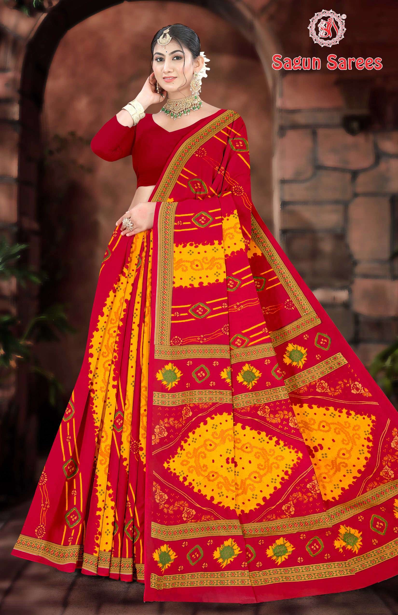 KASHISH CHUNDRI Cotton Bandhani Printed Saree with Designer Border - 10 Pcs Set