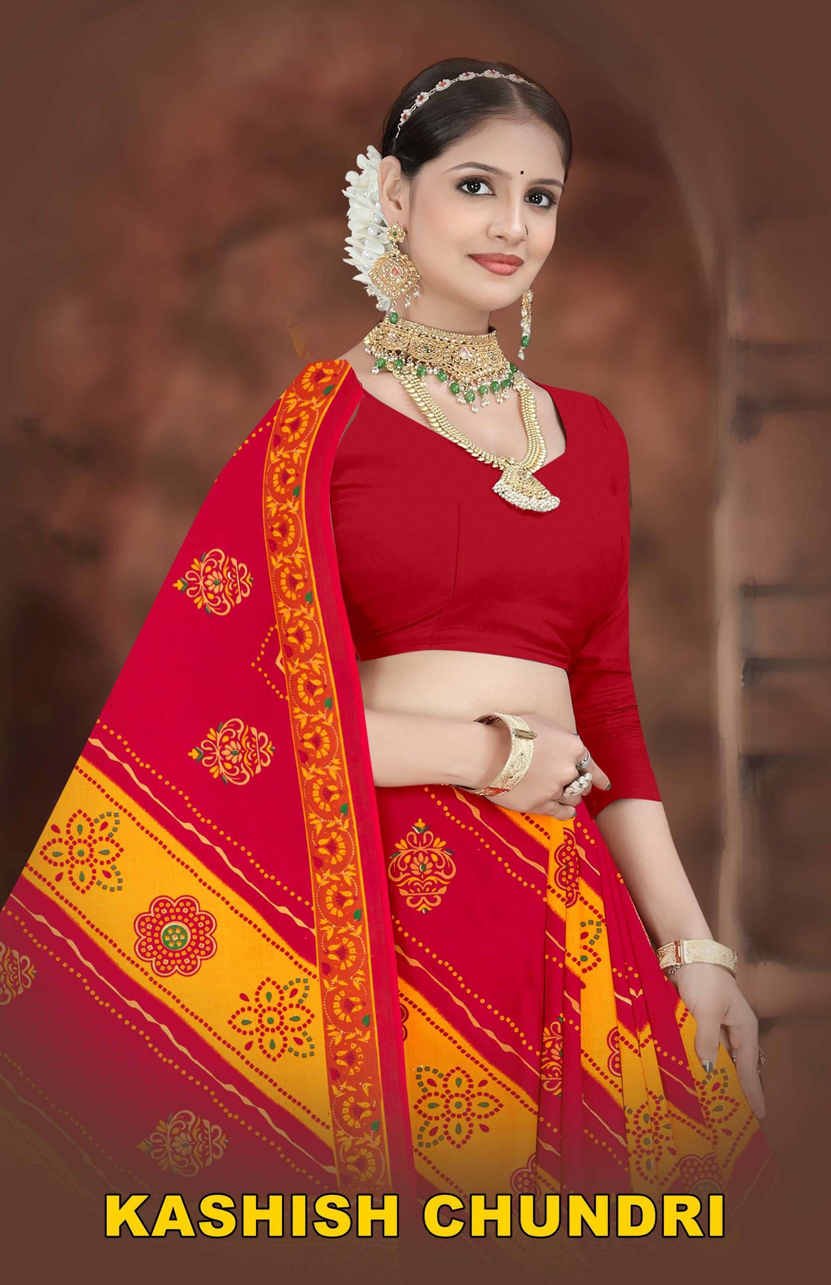 KASHISH CHUNDRI Cotton Bandhani Printed Saree with Designer Border - 10 Pcs Set
