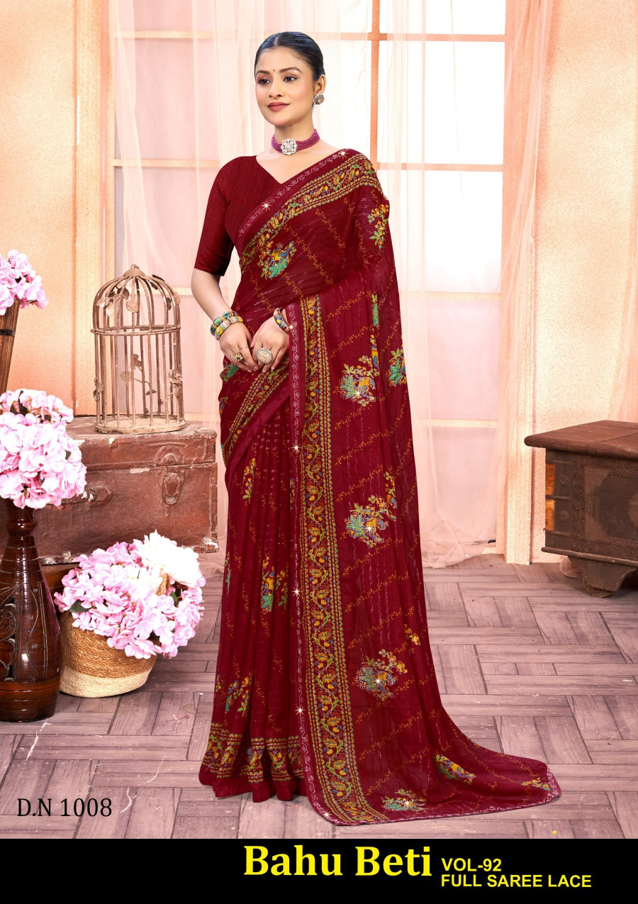Kayaan Bahu Beti Vol-92 Simmar Georgette Saree Set (8 Pcs) Printed Lace Border Daily Wear - M.R. Saree Emporium