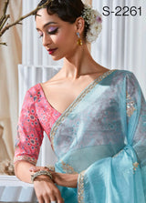 Kimora Rangat Vol 3 Fancy Tissue Saree - Designer Contrast Handwork Blouse Set 5 Pcs Set