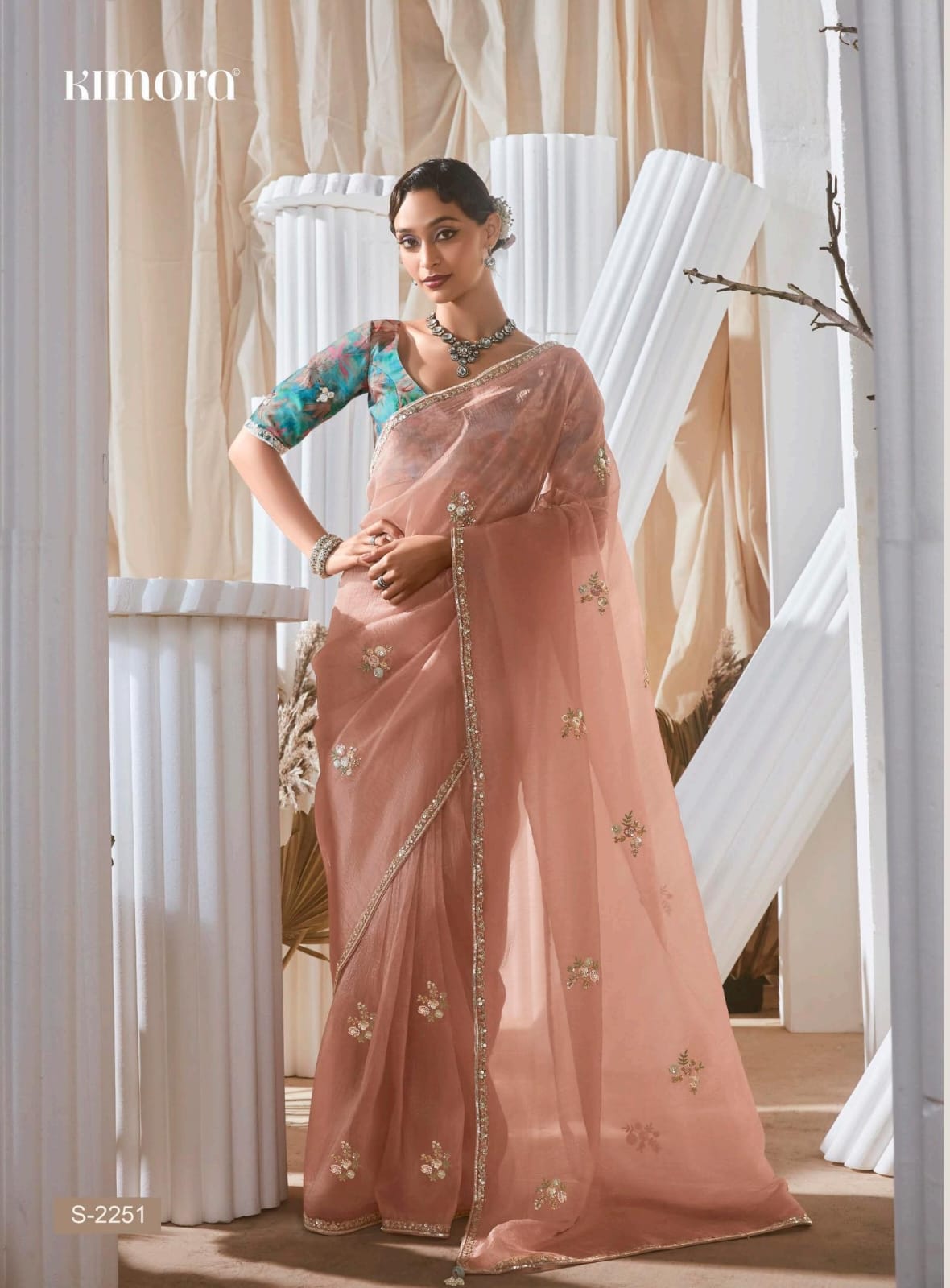 Kimora Rangat Vol 3 Fancy Tissue Saree - Designer Contrast Handwork Blouse Set 5 Pcs Set