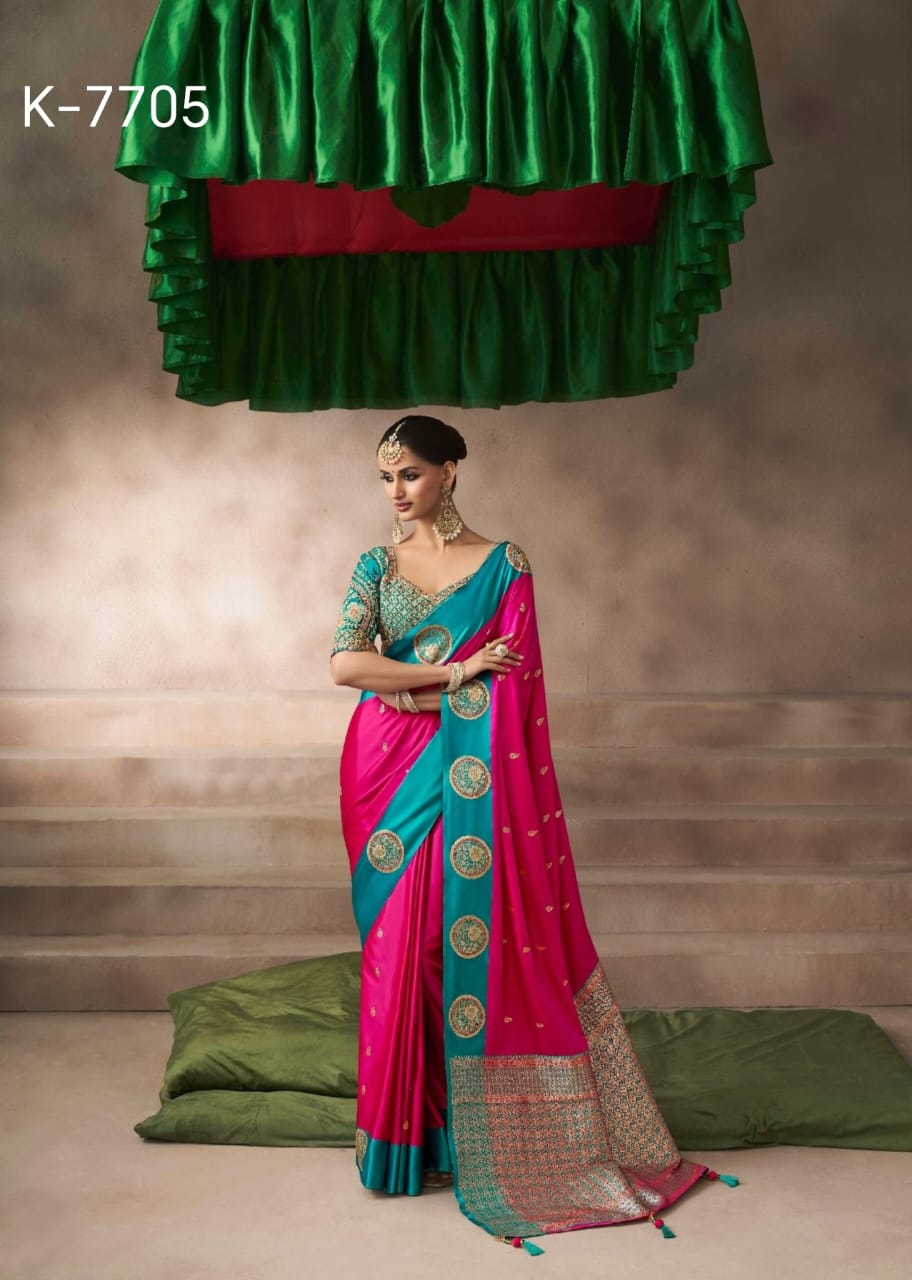 Kira Kalki Silk Satin Saree 8 Pcs Embroidery Set
