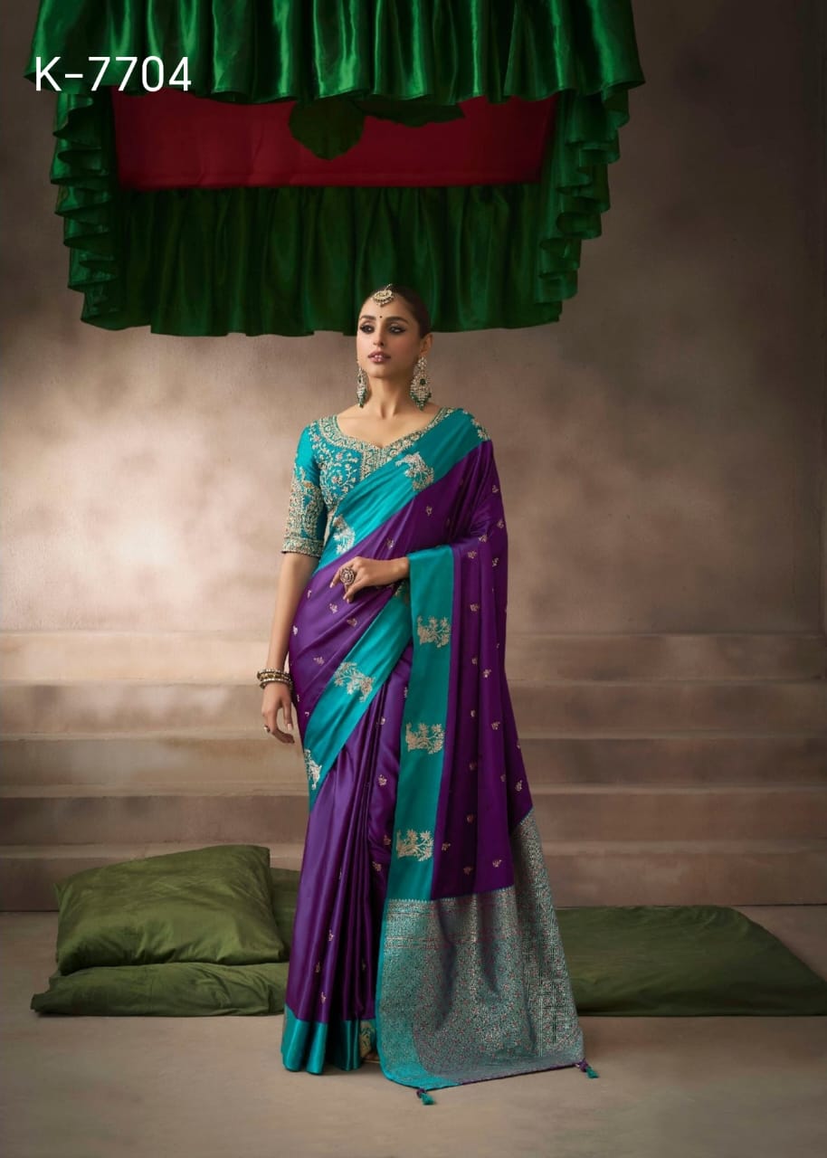 Kira Kalki Silk Satin Saree 8 Pcs Embroidery Set