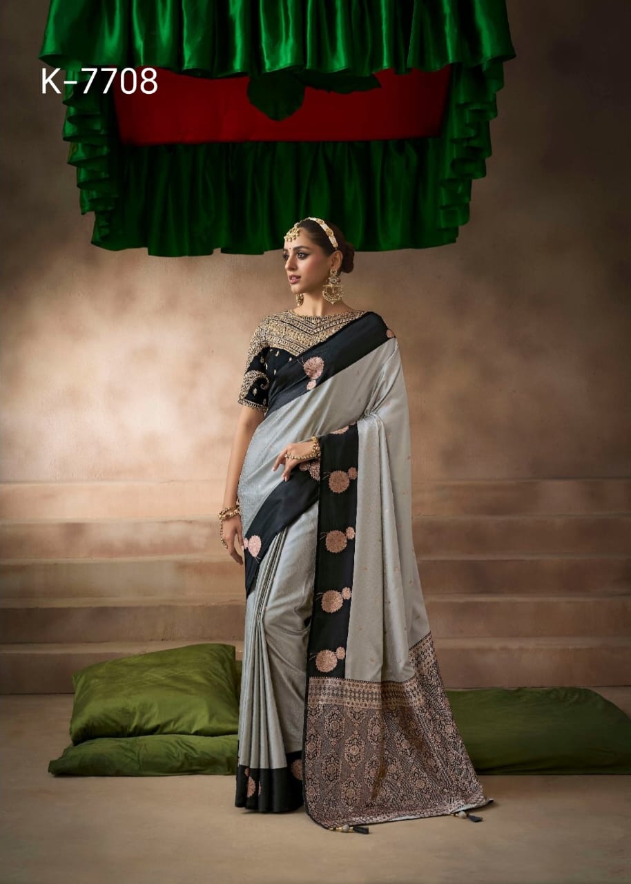 Kira Kalki Silk Satin Saree 8 Pcs Embroidery Set