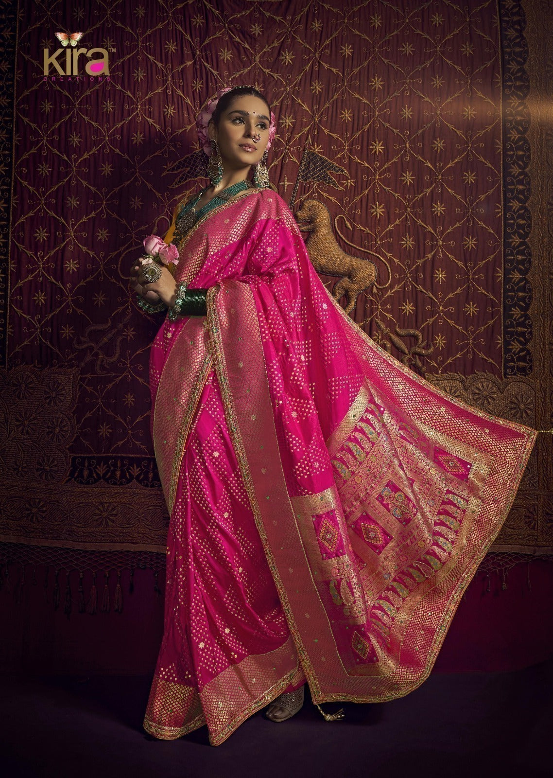 Kira Kimayra Pure Viscous Dola Saree - Handwork Blouse & Designer Lace Saree Set 5 Pcs Set