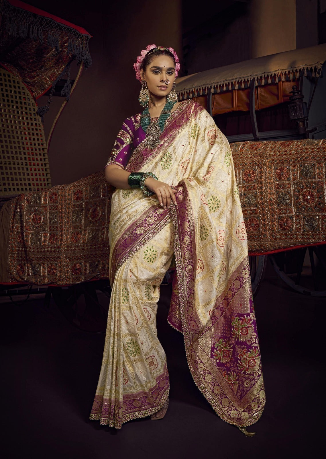 Kira Kimayra Pure Viscous Dola Saree - Handwork Blouse & Designer Lace Saree Set 5 Pcs Set