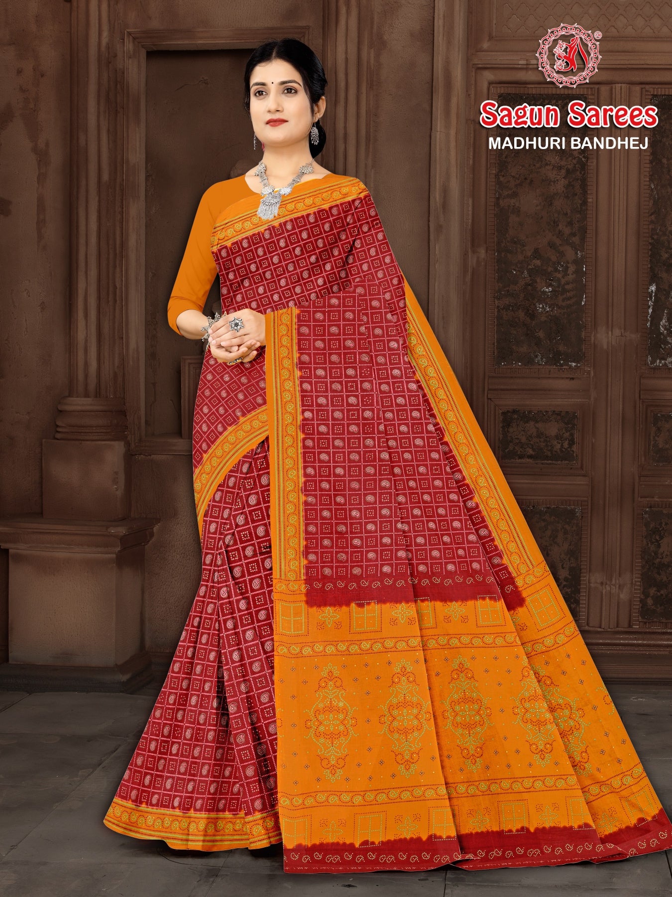 MADHURI BANDHEJ Cotton Bandhani Printed Saree with Designer Border - 8 Pcs Set