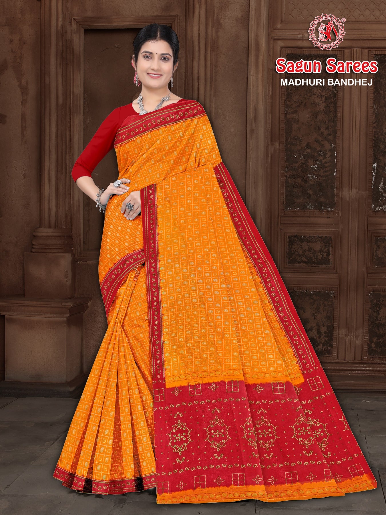 MADHURI BANDHEJ Cotton Bandhani Printed Saree with Designer Border - 8 Pcs Set