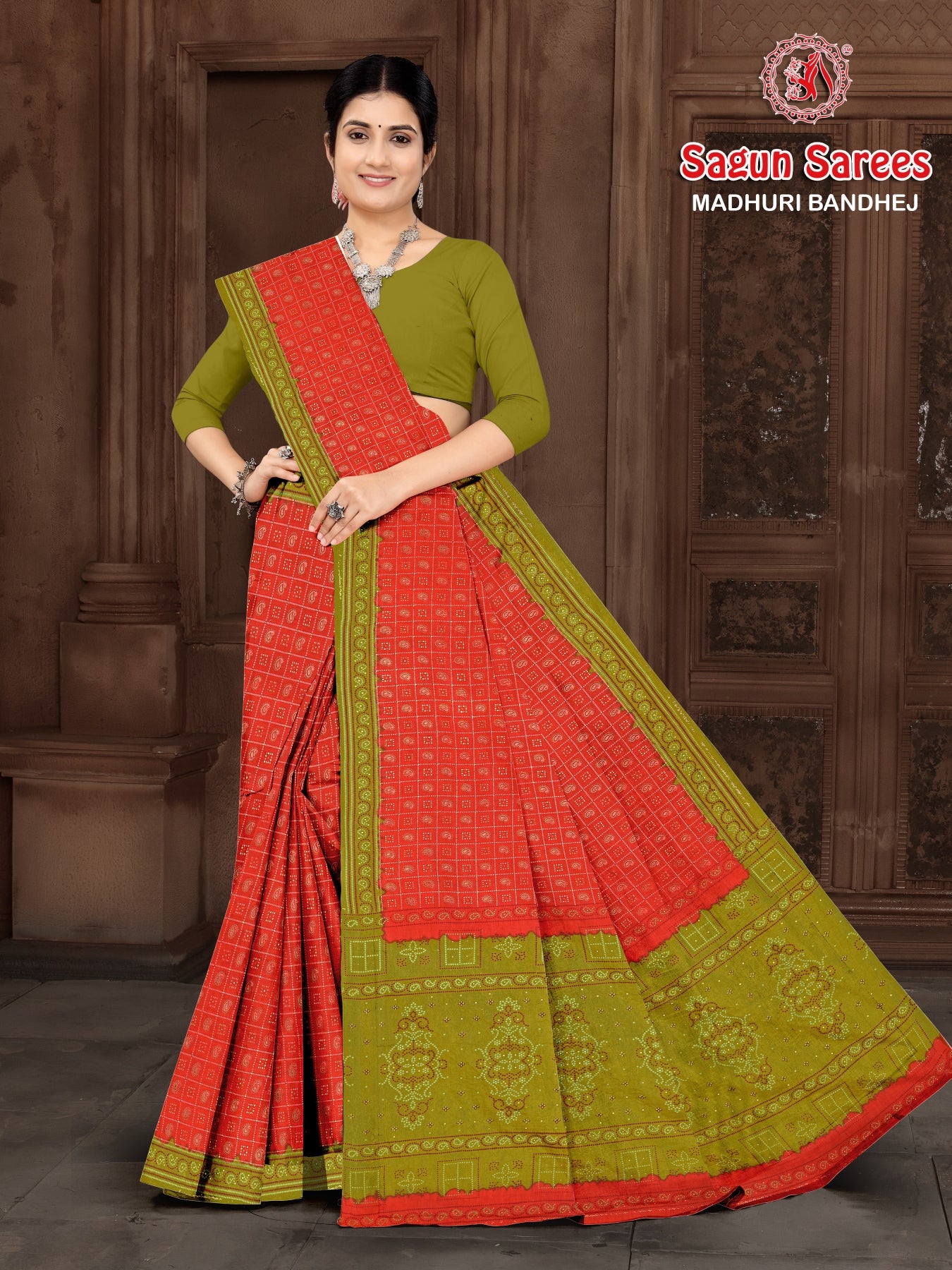 MADHURI BANDHEJ Cotton Bandhani Printed Saree with Designer Border - 8 Pcs Set