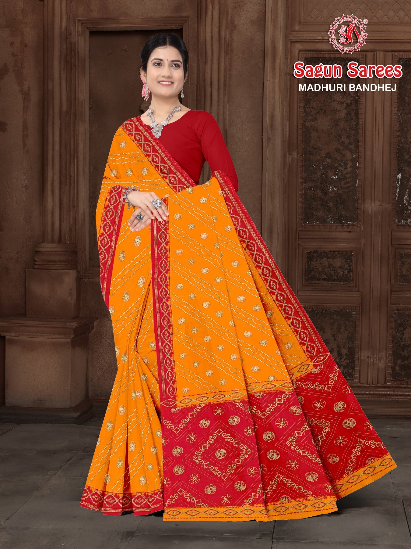 MADHURI BANDHEJ Cotton Bandhani Printed Saree with Designer Border - 8 Pcs Set