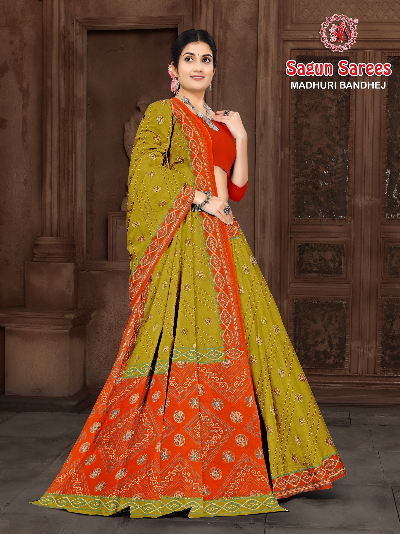 MADHURI BANDHEJ Cotton Bandhani Printed Saree with Designer Border - 8 Pcs Set