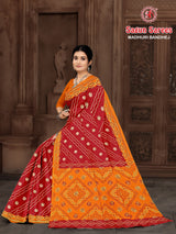 MADHURI BANDHEJ Cotton Bandhani Printed Saree with Designer Border - 8 Pcs Set