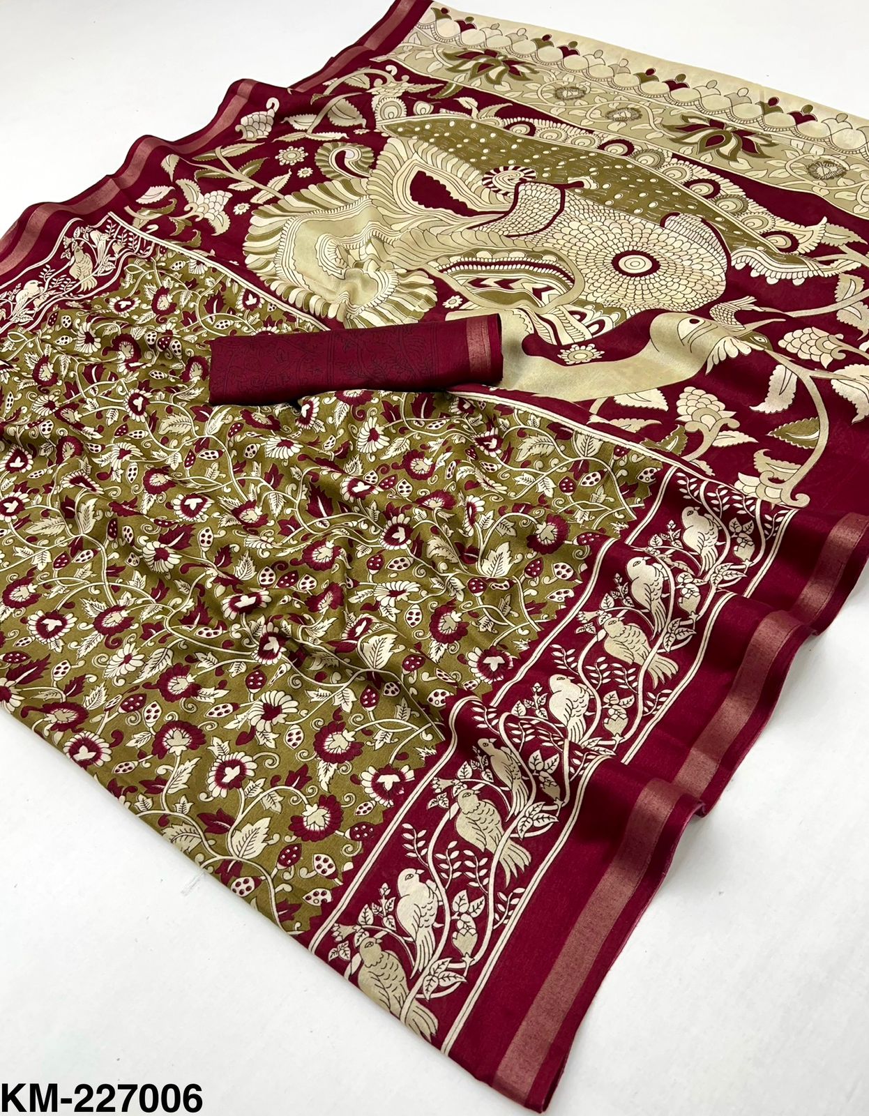 Kashmira Malmal Cotton Kalamkari Print Saree with Zari Stripe Border-8 Pcs Set-M.R. Saree Emporium