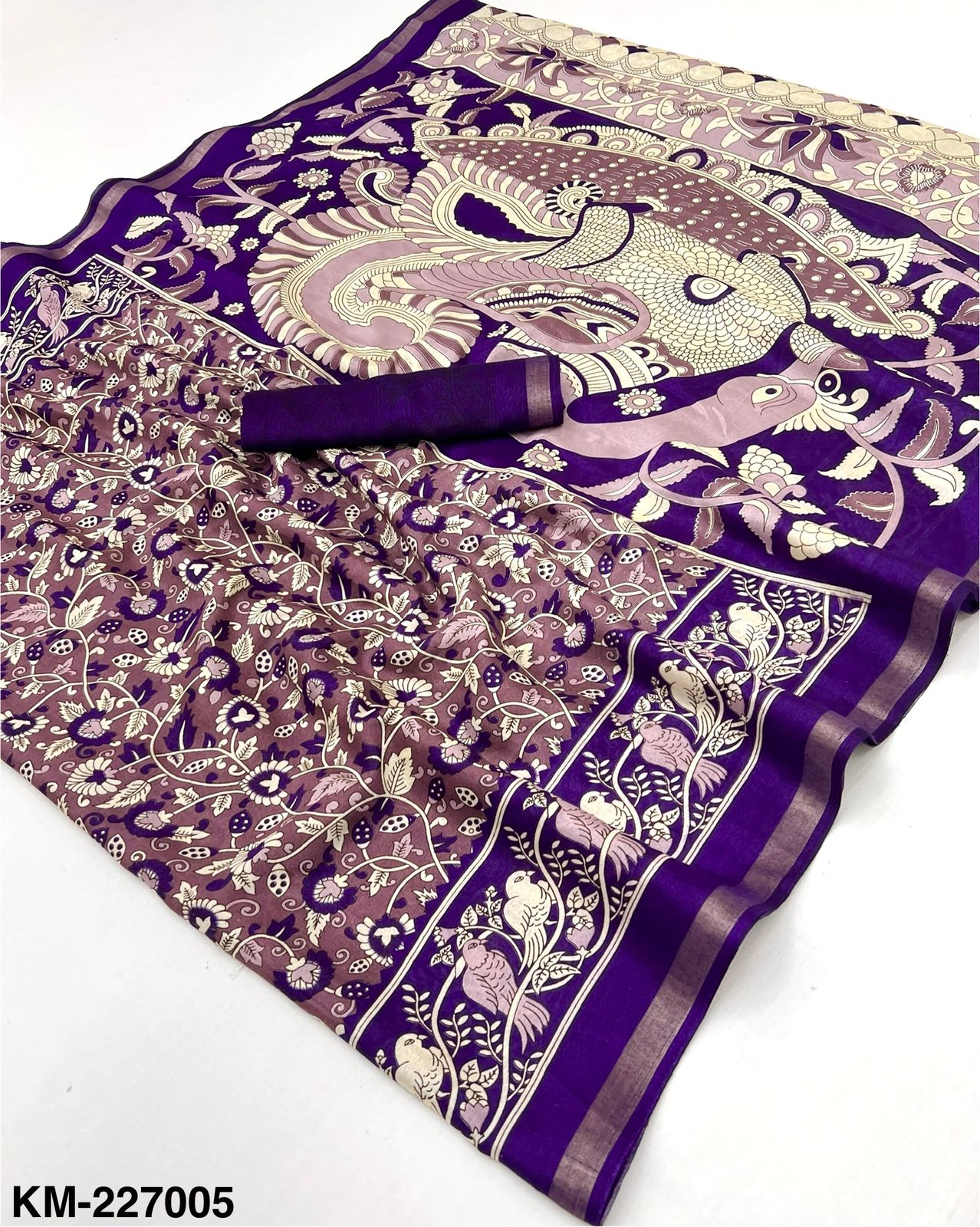 Kashmira Malmal Cotton Kalamkari Print Saree with Zari Stripe Border-8 Pcs Set-M.R. Saree Emporium