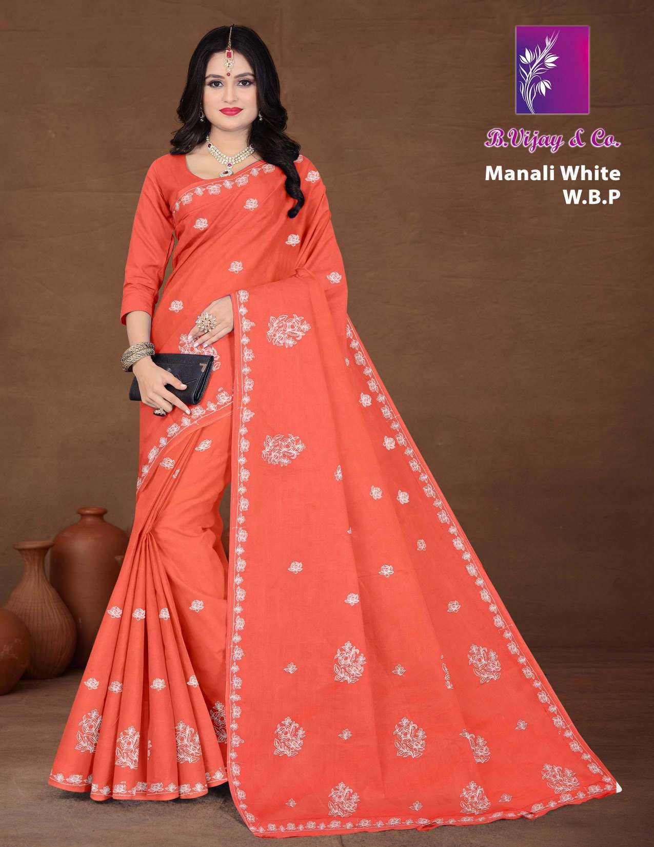 Manali White W.B.P Soft Cotton Printed Saree with White Border - 8 Pcs Set