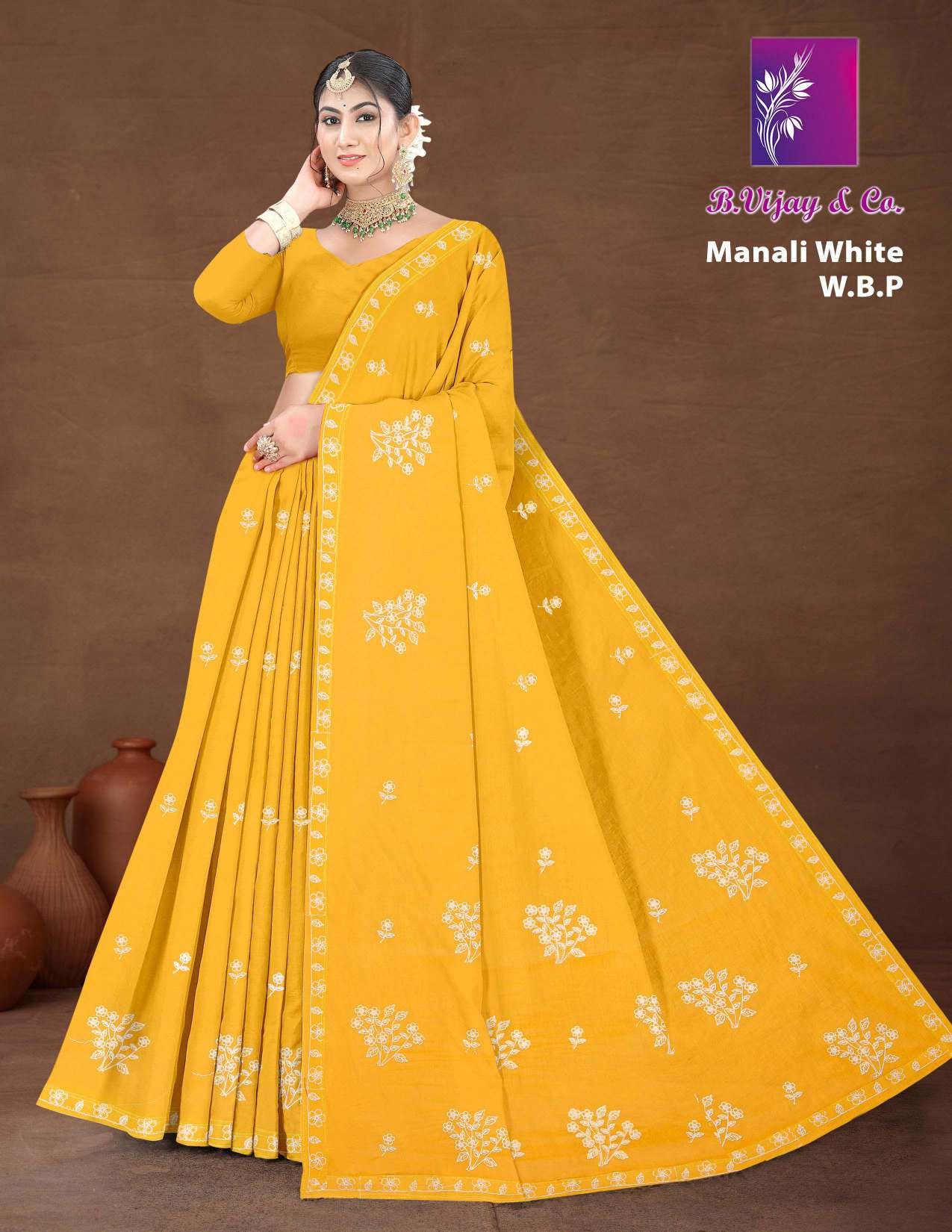 Manali White W.B.P Soft Cotton Printed Saree with White Border - 8 Pcs Set