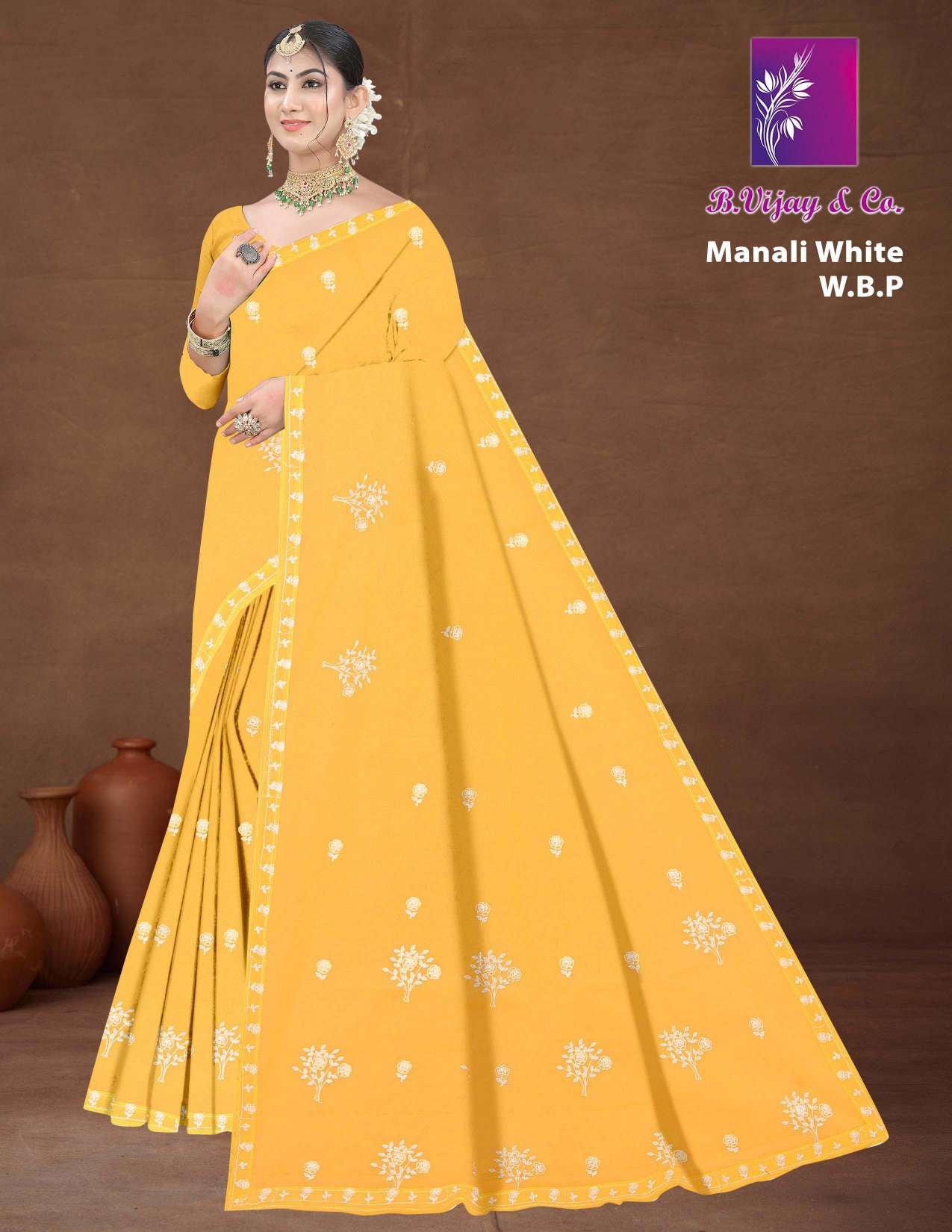 Manali White W.B.P Soft Cotton Printed Saree with White Border - 8 Pcs Set