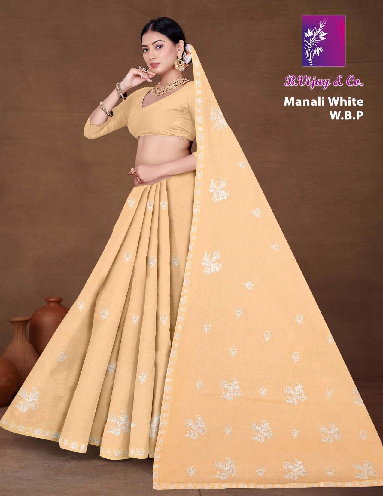 Manali White W.B.P Soft Cotton Printed Saree with White Border - 8 Pcs Set