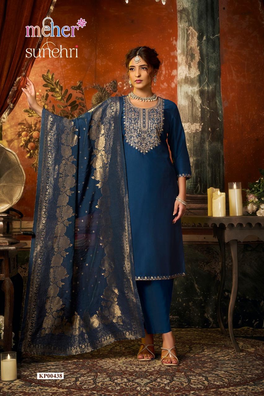 Meher Sunehri Gadhwal Fabric Embroidered 3 Piece Kurti Pant Dupatta Set