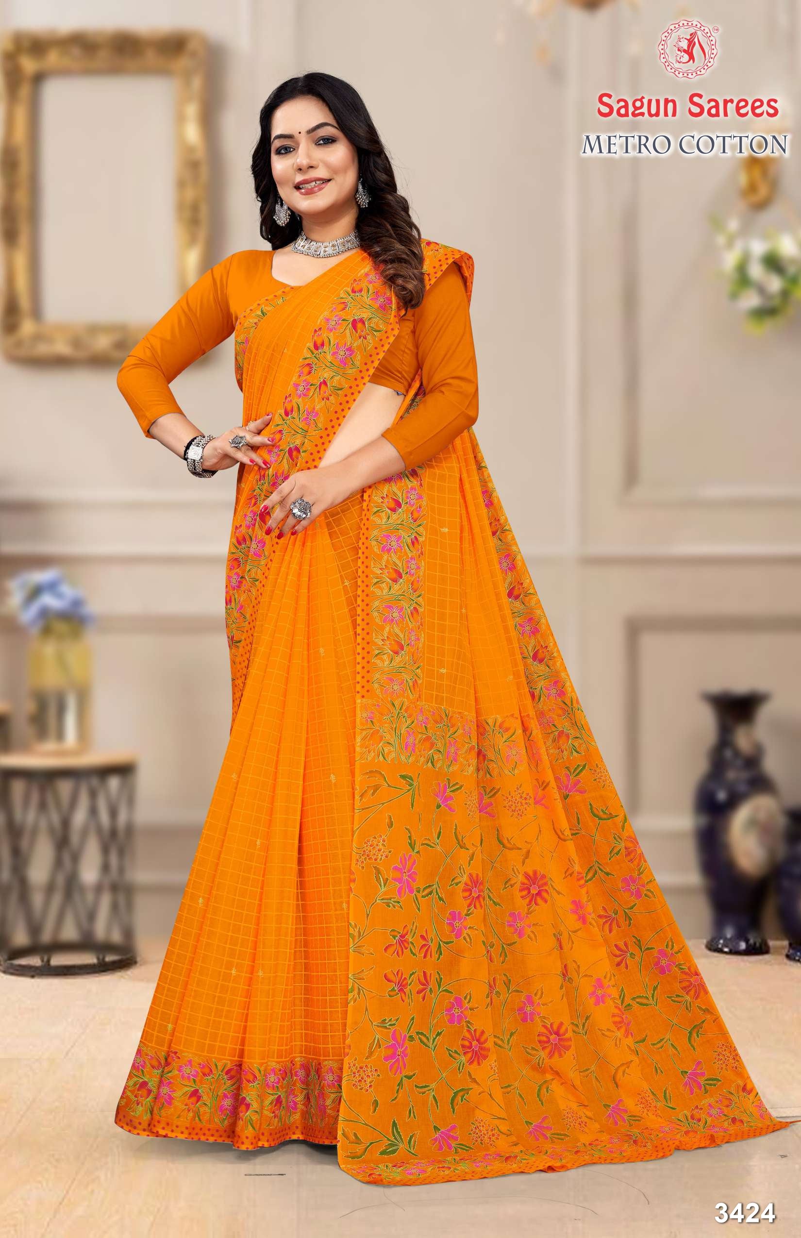 METRO COTTON Soft Cotton Floral Printed Saree with Designer Border - 8 Pcs Set