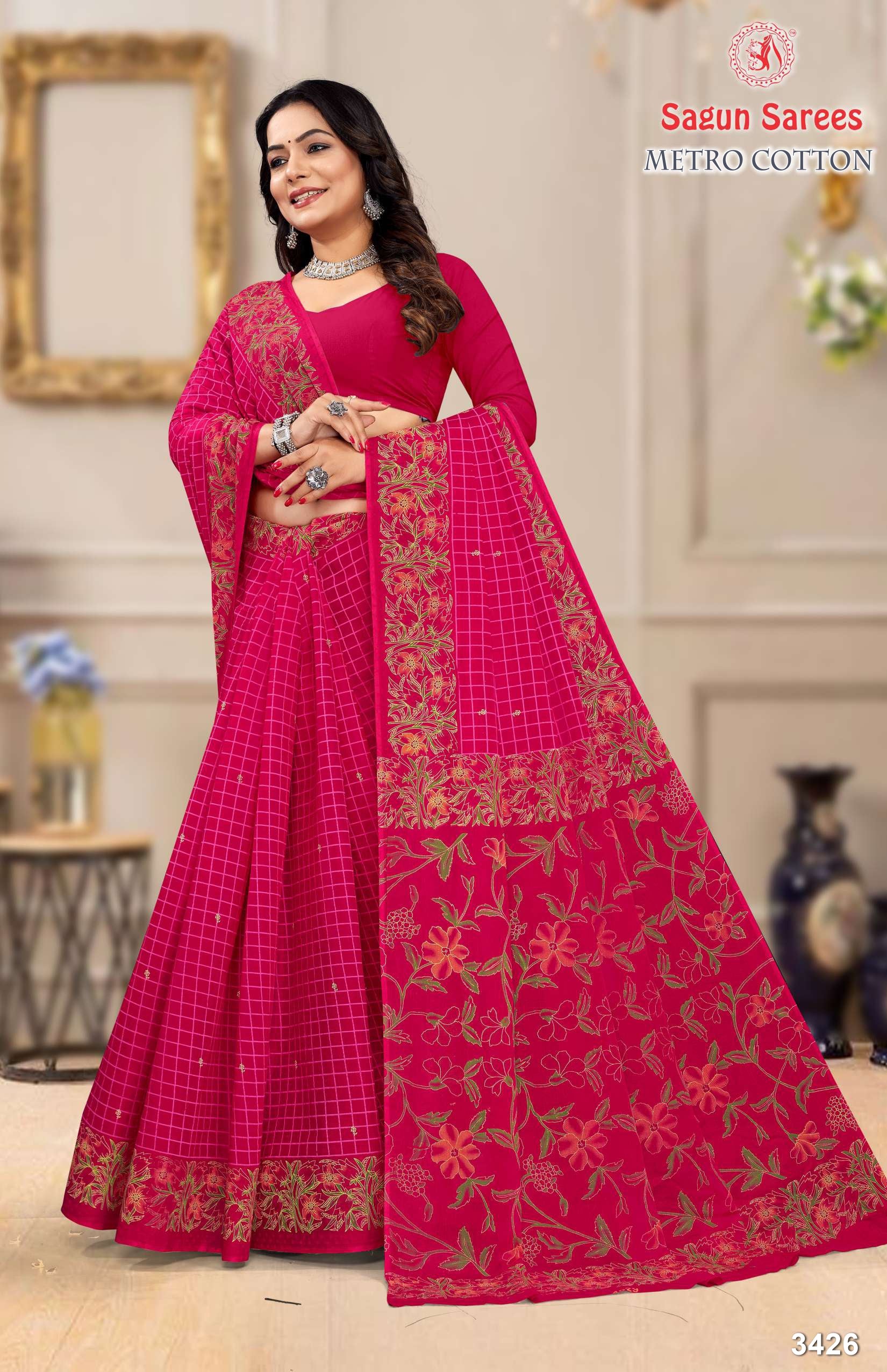 METRO COTTON Soft Cotton Floral Printed Saree with Designer Border - 8 Pcs Set