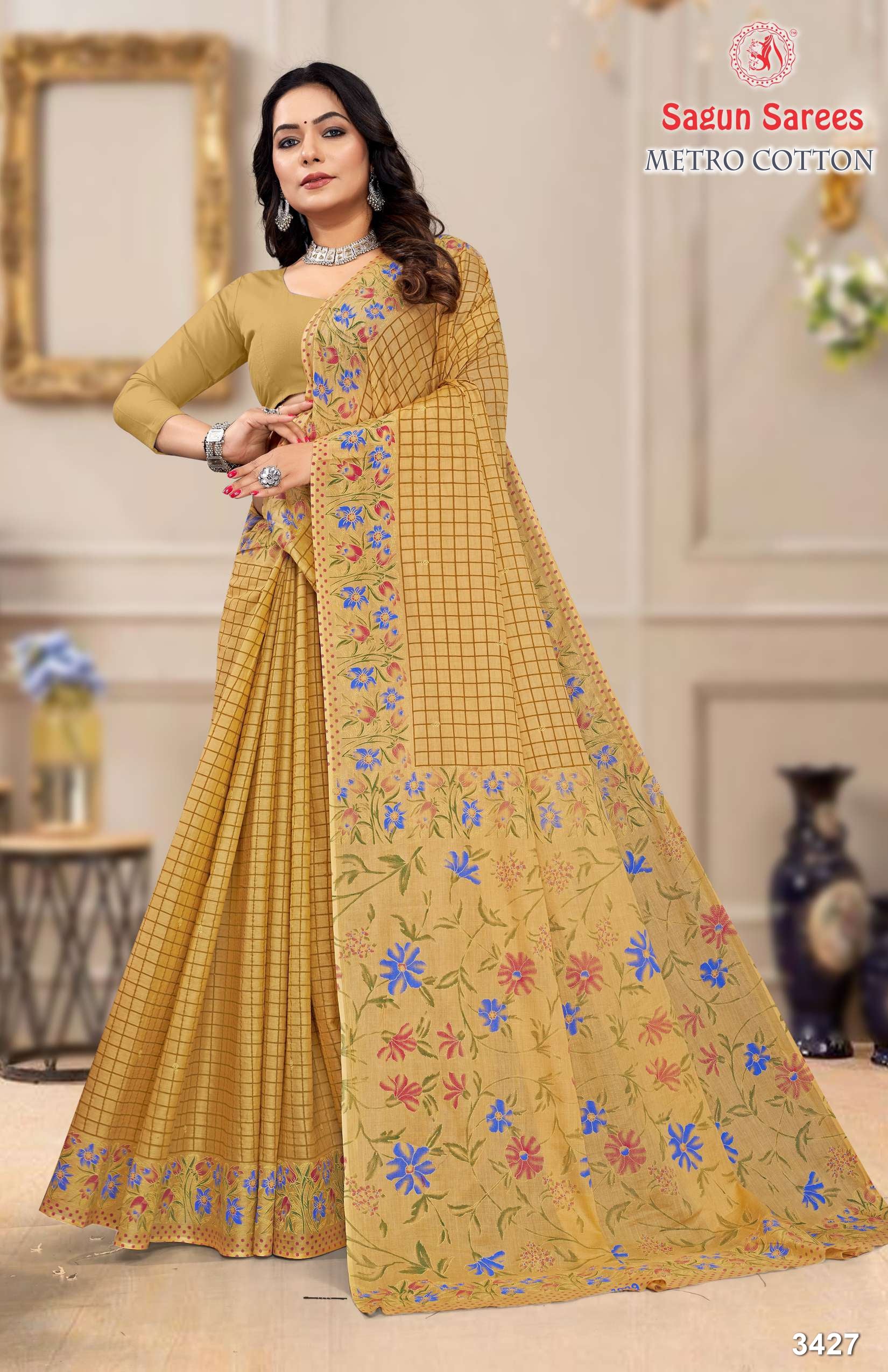 METRO COTTON Soft Cotton Floral Printed Saree with Designer Border - 8 Pcs Set