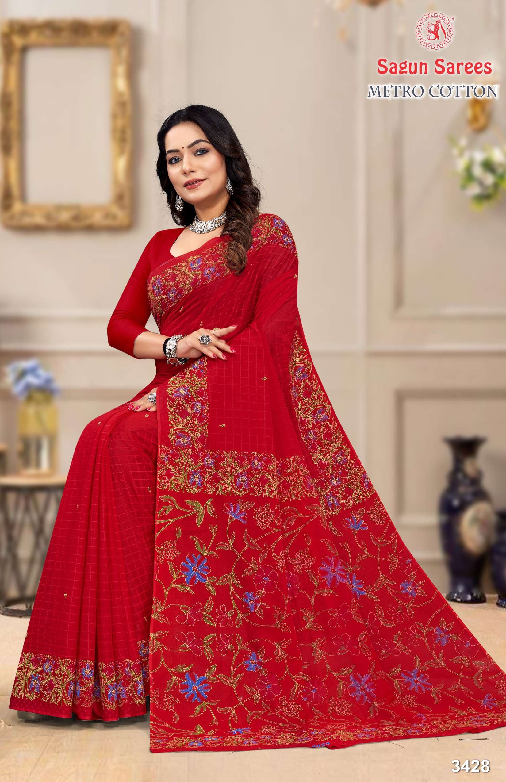 METRO COTTON Soft Cotton Floral Printed Saree with Designer Border - 8 Pcs Set