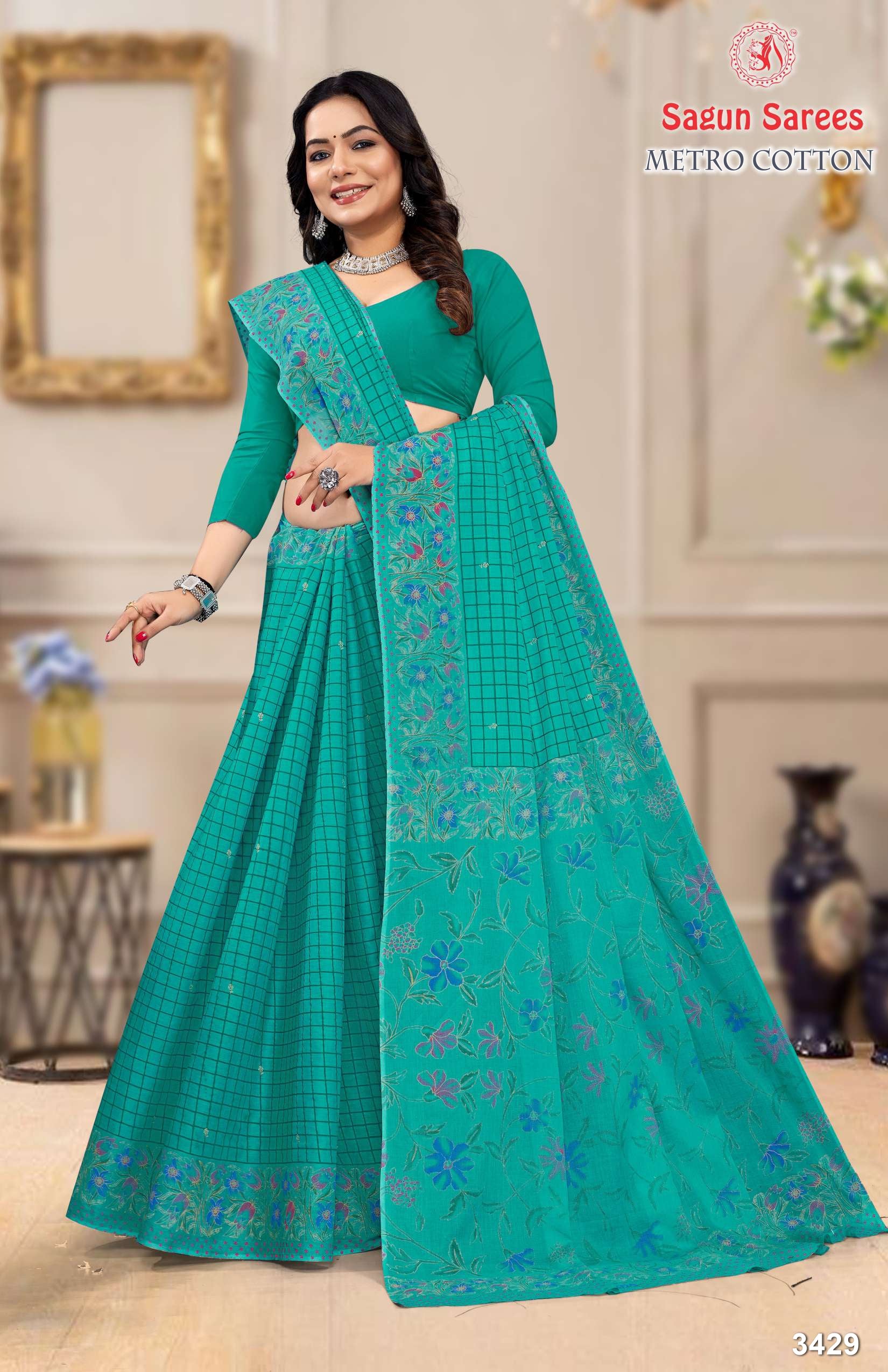 METRO COTTON Soft Cotton Floral Printed Saree with Designer Border - 8 Pcs Set
