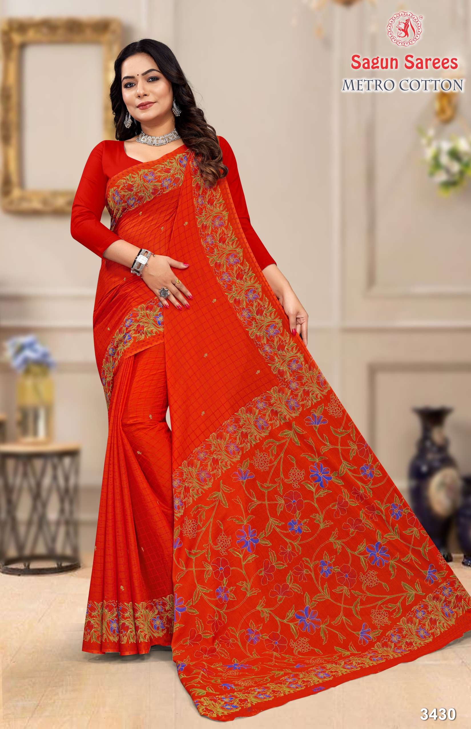 METRO COTTON Soft Cotton Floral Printed Saree with Designer Border - 8 Pcs Set